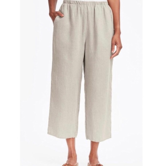 Flax Pants - Flax 100% Linen Pocketed Ankle Classic Plant in Natural Elastic Waistband